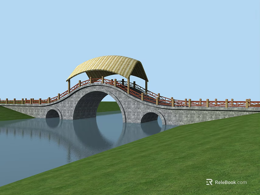 Arched Stone Bridge With Yellow Thatched Roof And Wooden Railings Over Water And Green Grass 3d model 