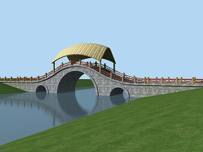 Arched Stone Bridge With Yellow Thatched Roof And Wooden Railings Over Water And Green Grass 3d model