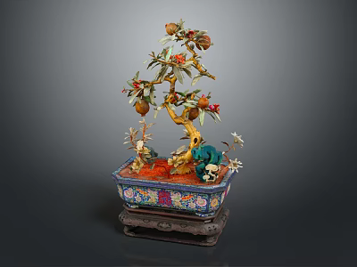 Artistic Bonsai Tree with Red Fruits and Green Leaves in Colorful Decorative Pot 3d model
