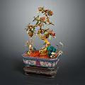 Artistic Bonsai Tree with Red Fruits and Green Leaves in Colorful Decorative Pot