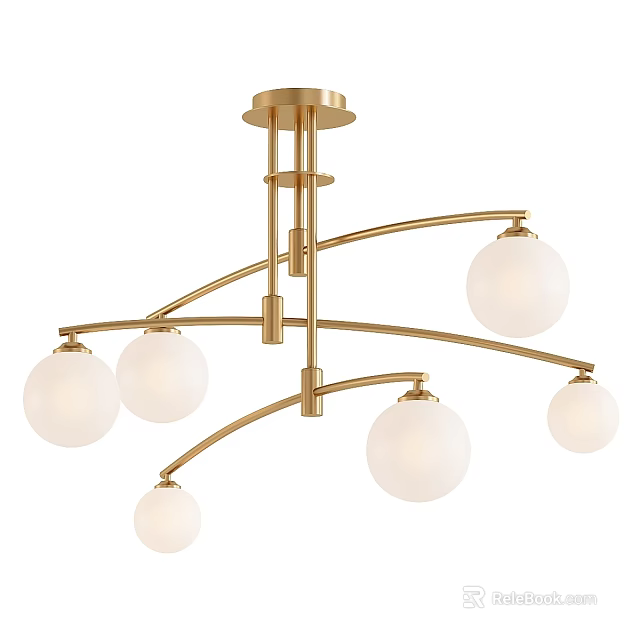 Elegant Golden Curved Chandelier with White Globe Shades and Modern Design 3d model 