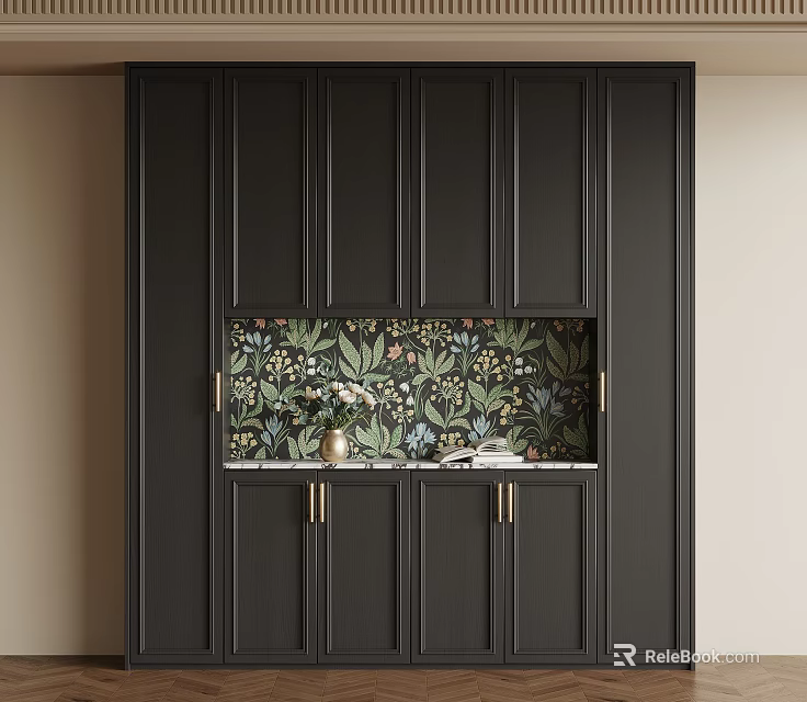 Black Sideboard With Floral Pattern Backsplash And Brass Handles White Countertop Decorative Vase 3d model 