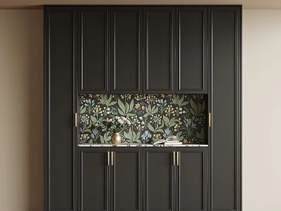 Black Sideboard With Floral Pattern Backsplash And Brass Handles White Countertop Decorative Vase 3d model