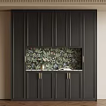Black Sideboard With Floral Pattern Backsplash And Brass Handles White Countertop Decorative Vase
