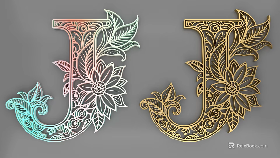 Decorative 3D Letter J Design With Floral Leaf Patterns And Colorful Gold Hues 3d model 