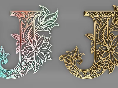 Decorative 3D Letter J Design With Floral Leaf Patterns And Colorful Gold Hues 3d model