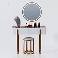 Elegant White Dressing Table With Round Mirror Cosmetics And Gold Stool 3d model