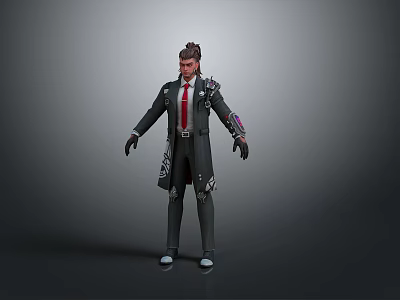 Stylish Man With Mohawk Hairstyle In Black Coat Red Tie And Mechanical Arm Standing 3d model