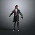 Stylish Man With Mohawk Hairstyle In Black Coat Red Tie And Mechanical Arm Standing