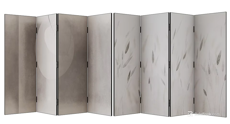 Modern Folding Screen With Minimalist Plant Patterns And Circular Accents 3d model 