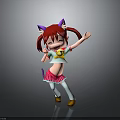 Happy Child With Red Hair Pigtails Purple Cat Ears Yellow Top Dancing In Pink Skirt
