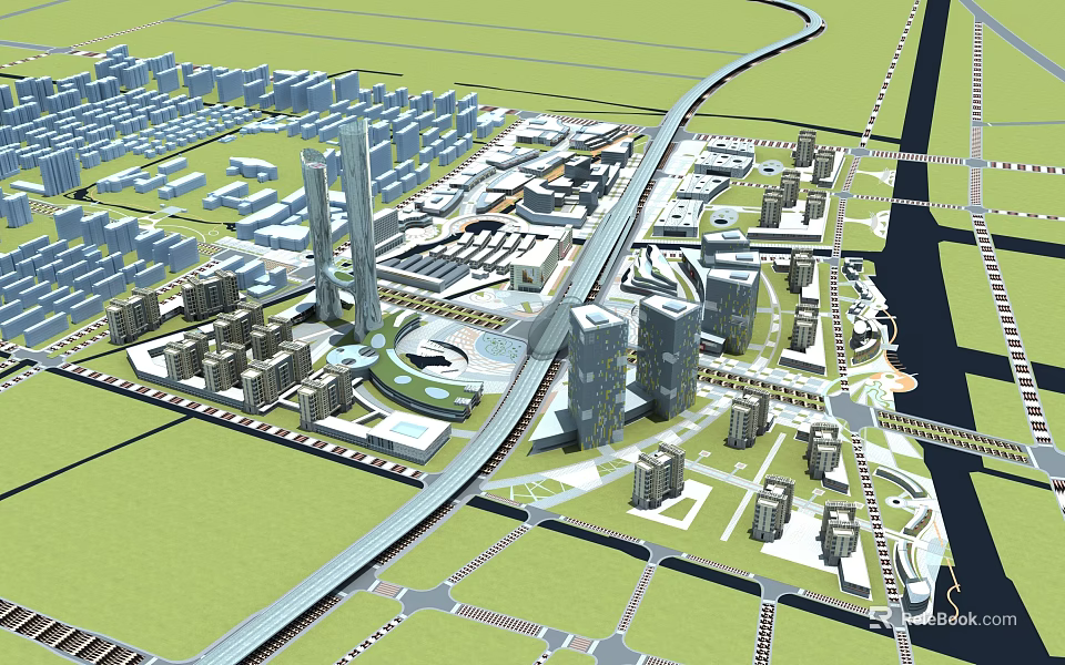 Modern Residential Buildings in Urban Landscape With High Rises Green Areas and Transportation Lines 3d model 
