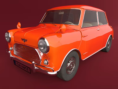 Vintage Orange Compact Car with Chrome Front Grille Headlights and Classic Wheels 3d model