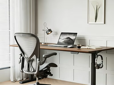 Modern Wooden Desk and Ergonomic Chair Set with Laptop Desk Lamp and Headphones 3d model