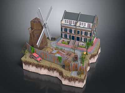 Dutch Style Multi Story Building With Windmill Fenced Area Plants And Red Car 3d model
