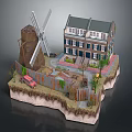 Dutch Style Multi Story Building With Windmill Fenced Area Plants And Red Car