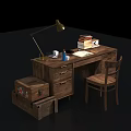 Wooden Office Chair With Wooden Desk Table Lamp Books Notebook And Storage Trunk