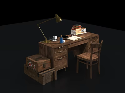Wooden Office Chair With Wooden Desk Table Lamp Books Notebook And Storage Trunk 3d model