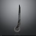 Unique Weapon Knife With White Circular Handle And Patterned Bladed Edge On Plain Gray Background