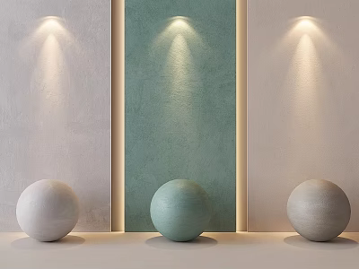 Three Sphere Sculptures In White Light Green And Light Gray Against Light Colored Walls With Green Panel And Illumination 3d model