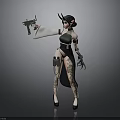 3D Female Character Model With Horns Holding Gun In Black Green Outfit And High Heels