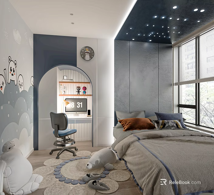 Tatami Bedroom Interior With Starry Ceiling Gray Walls Cartoon Decorations Desk And Chair 3d model 