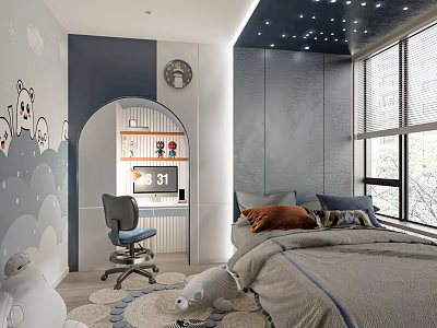 Tatami Bedroom Interior With Starry Ceiling Gray Walls Cartoon Decorations Desk And Chair 3d model