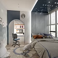 Tatami Bedroom Interior With Starry Ceiling Gray Walls Cartoon Decorations Desk And Chair