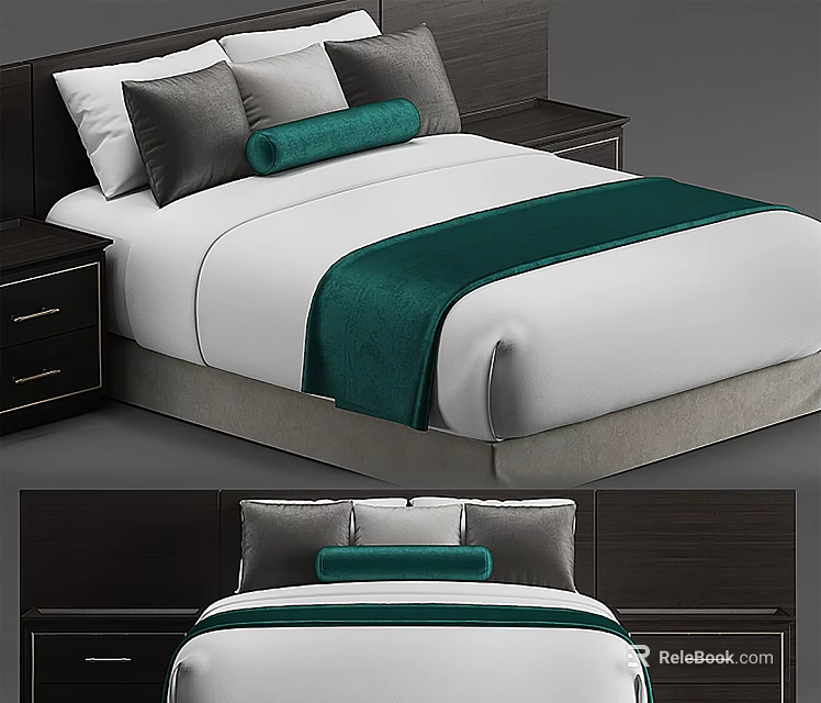 Modern Double Bed With Dark Headboard White Sheets Green Runner Gray Pillows And Bedside Tables 3d model 