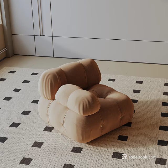 Beige Leisure Chair with Soft Round Cushions on Black White Checkerboard Rug 3d model 