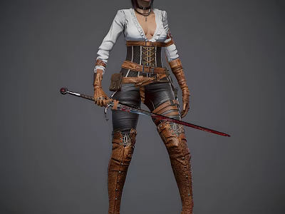 Woman Wearing White Top Brown Corset Holding Sword With Leather Pants And Tall Boots 3d model