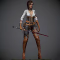 Woman Wearing White Top Brown Corset Holding Sword With Leather Pants And Tall Boots