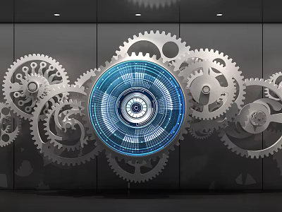 Innovative Hardware Tools Design With Metallic Gears And Tech Inspired Blue Circular Structure 3d model