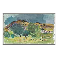 Vintage Artwork Featuring Running Horses Riders Arched Doorway People Yellow And White Flags