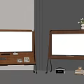 Two Televisions On Wooden TV Stands With Metal Legs Showing Anime And Planetary Scenes