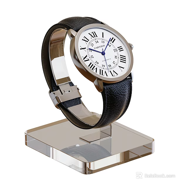 Luxury Wrist Watch With White Dial Roman Numerals Black Leather Strap On Transparent Acrylic Stand 3d model 