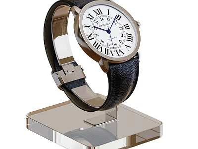 Luxury Wrist Watch With White Dial Roman Numerals Black Leather Strap On Transparent Acrylic Stand 3d model