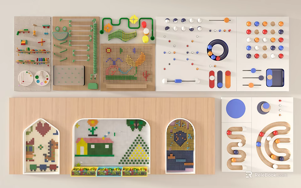 Interactive Kids Play Wall with Colorful Puzzle Tracks and Modules Design 3d model 