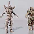Three Man Shaped Alien Figures With Armored Bodies And Horned Heads