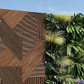 Living Plant Wall with Diverse Greenery Wooden Accents Enhancing Outdoor Space with Pebbles and Shrubs
