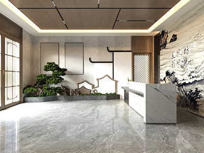 New Chinese Style Reception Winery Cashier Decorative Wall-to-Wall Sits Green Pine Potted Tea House Tea House 3d model