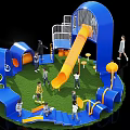 Interactive Playground Area With Blue Orange Slides Climbing Structures Green Lawn And Children 3d model