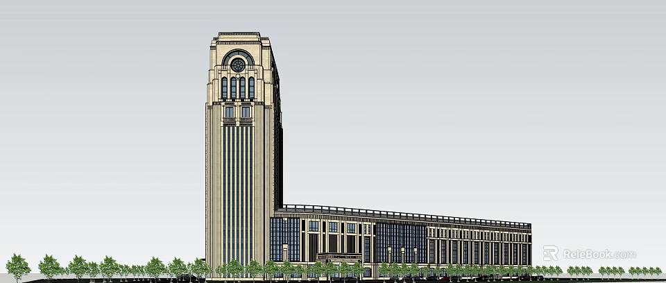 Grand Classical European Style Hotel Building With Clock Tower And Large Windows 3d model 