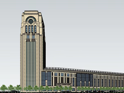 Grand Classical European Style Hotel Building With Clock Tower And Large Windows 3d model
