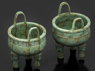 Antique Style Ceramic Vessels With Double Handles Three Legs And Intricate Carvings 3d model