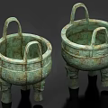 Antique Style Ceramic Vessels With Double Handles Three Legs And Intricate Carvings