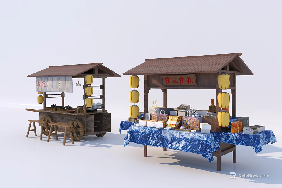 Commercial Food Stalls And Carts Equipment With Wooden Structure And Lantern Decorations 3d model 