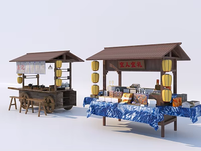 Commercial Food Stalls And Carts Equipment With Wooden Structure And Lantern Decorations 3d model