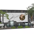 Elegant Landscape Wall Design With White Marble Round Golden Decor Bonsai Pine And Palm Trees