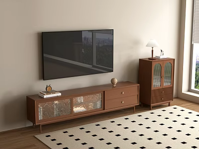 Brown TV Stand With Storage Drawers Glass Doors Side Cabinet Table Lamp And Checkered Rug 3d model